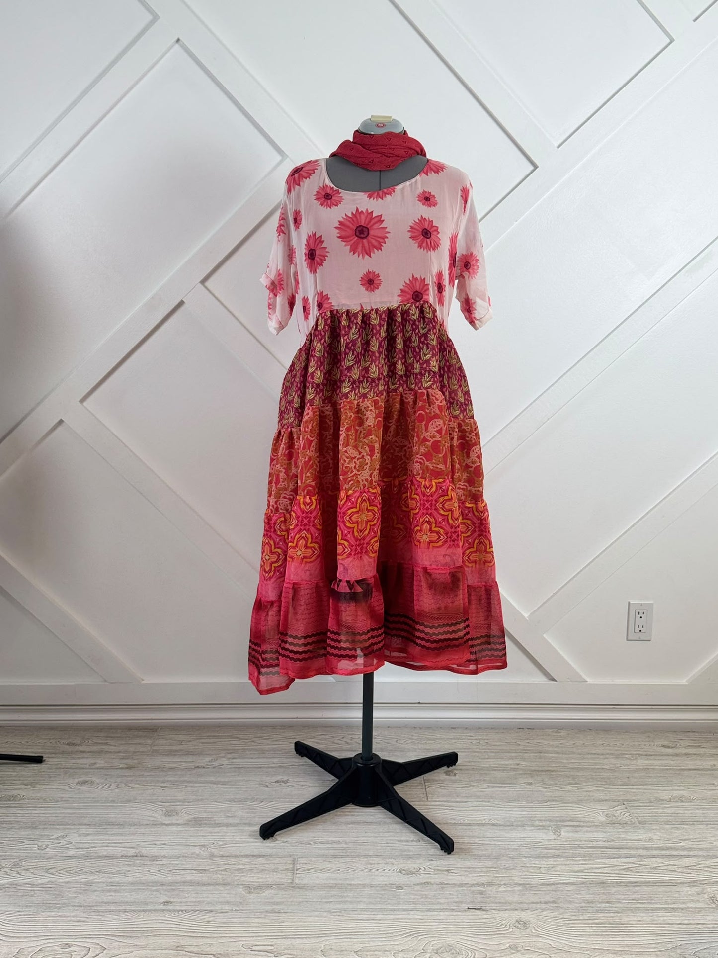 Regular Lined Maya Tiered Dress with scarf-L007 - Rangeelaa- Fairtrade Sustainable Women's Clothing