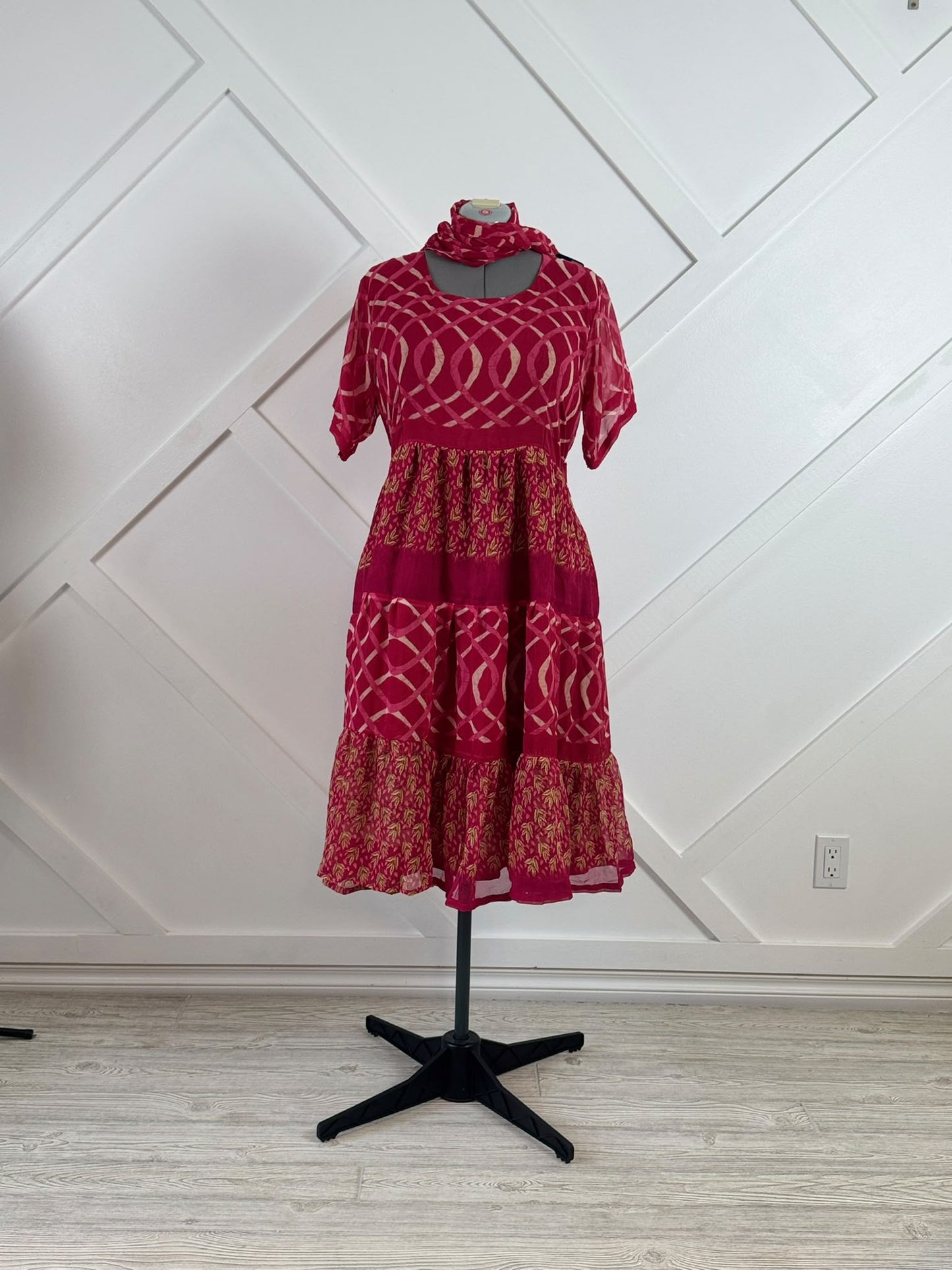 Regular Lined Maya Tiered Dress with scarf - Rangeelaa- Fairtrade Sustainable Women's Clothing