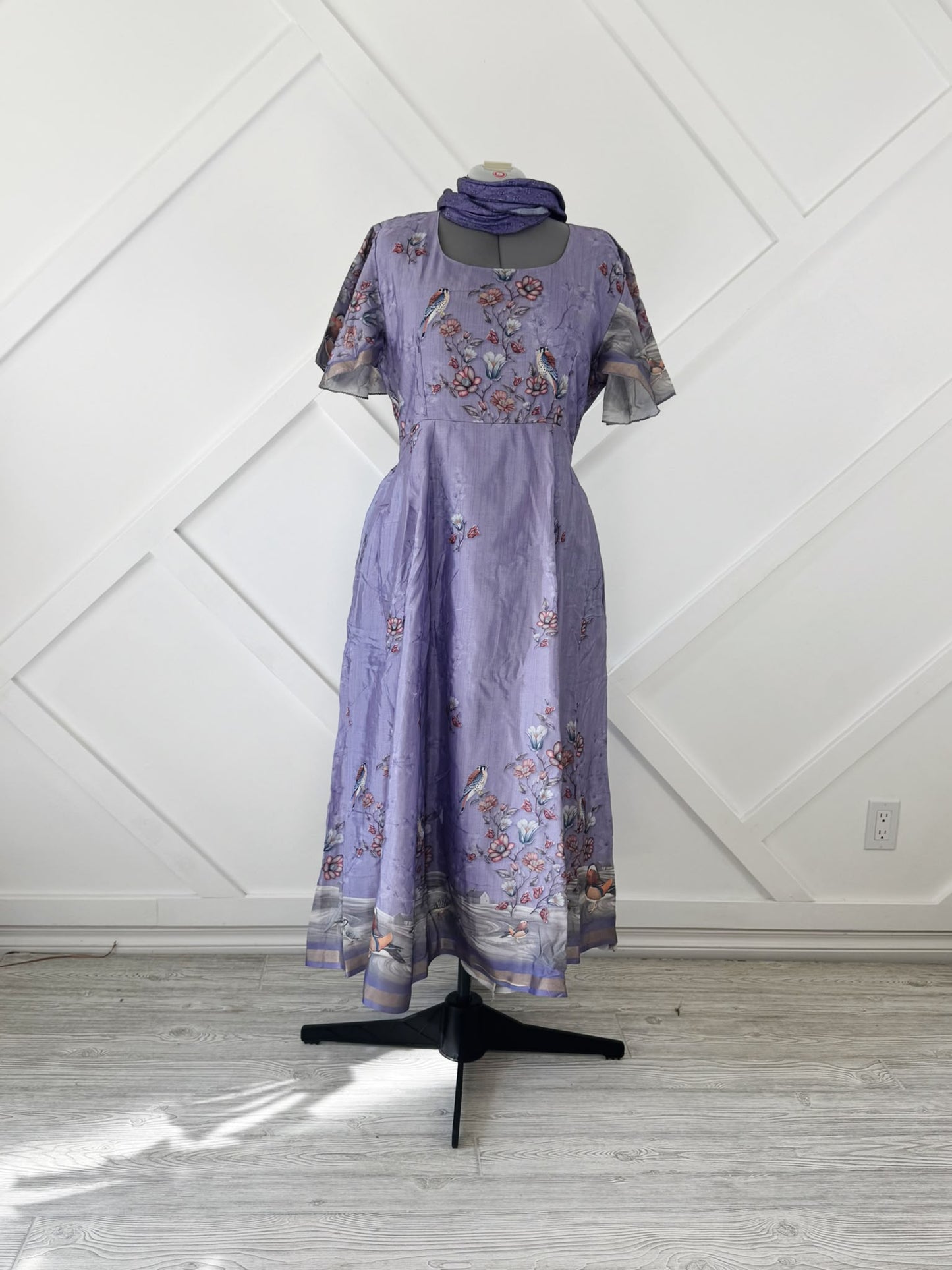 Dola Silk Regular Lined Rani Dress with scarf-ED042