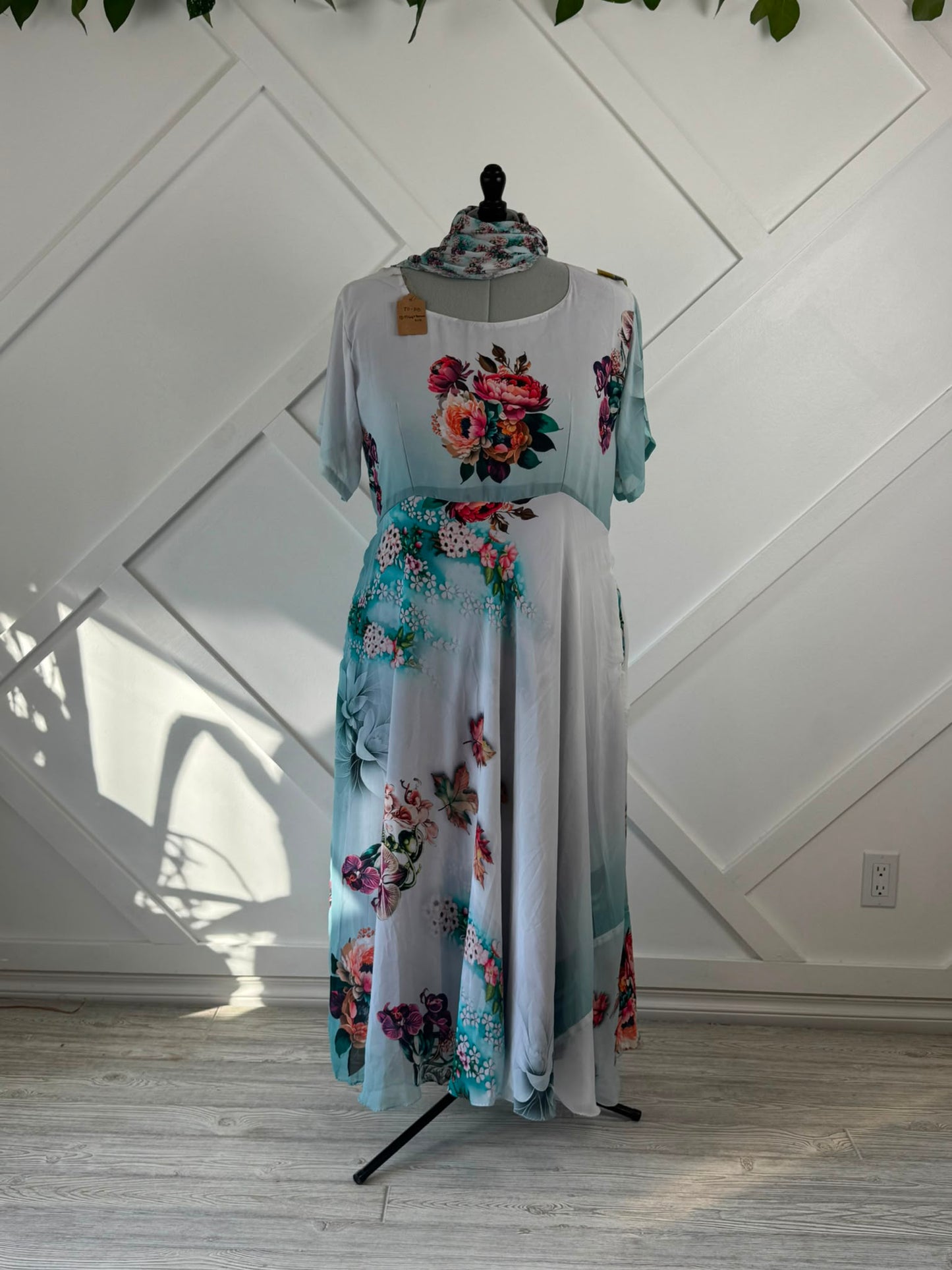 Digital print Plus Lined Ganga Dress with scarf-FD015