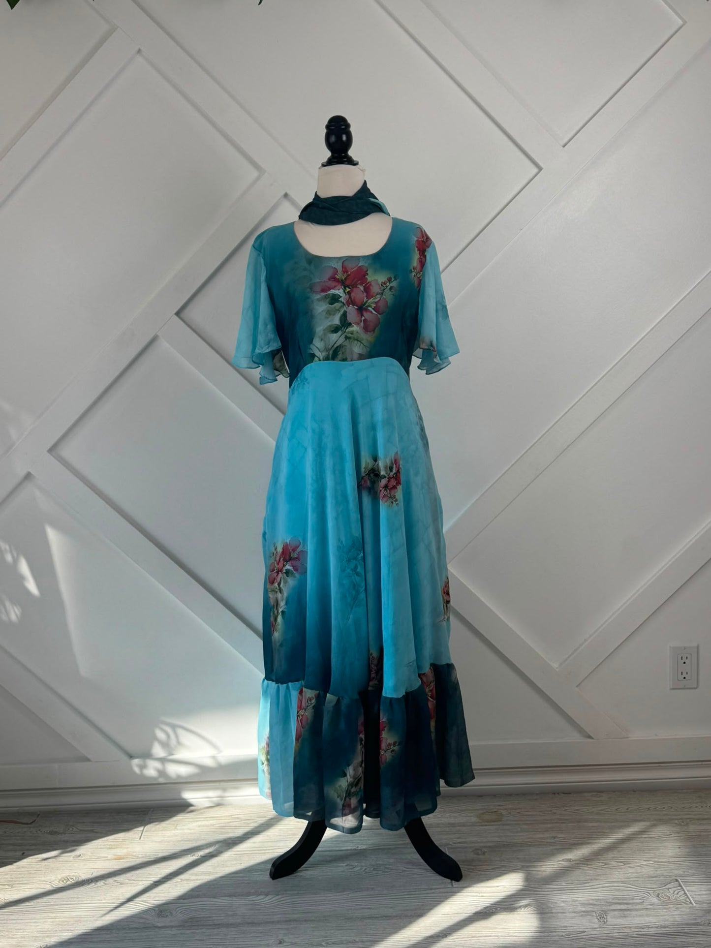Digital print Slim Petite Lined Ganga Dress with scarf-ED003