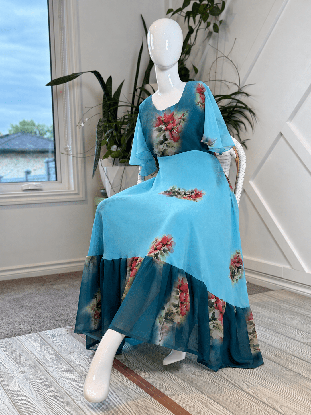 Digital print Slim Petite Lined Ganga Dress with scarf-ED003 - Rangeelaa- Fairtrade Sustainable Women's Clothingdresses