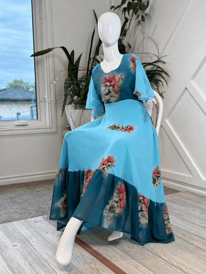 Digital print Slim Petite Lined Ganga Dress with scarf-ED003 - Rangeelaa- Fairtrade Sustainable Women's Clothingdresses