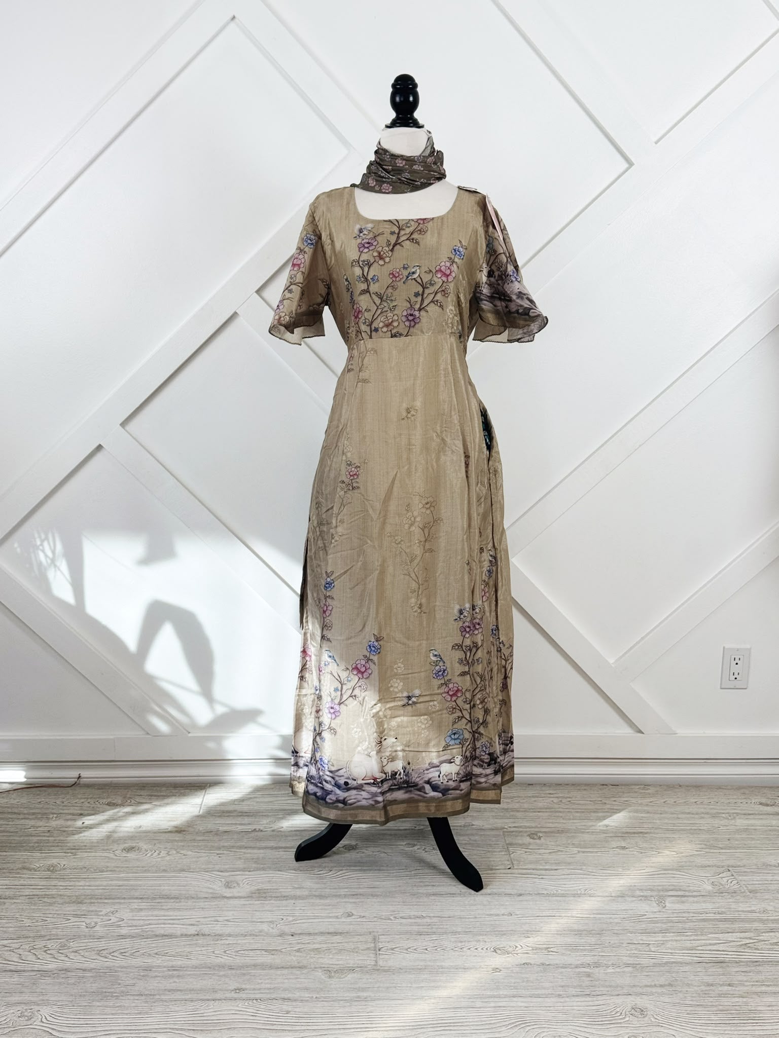 Dola Silk Petite Regular Lined Rani Dress with scarf-ED033 - Rangeelaa- Fairtrade Sustainable Women's Clothingdresses