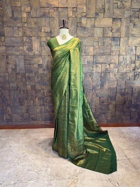 Emerald Green Kanjivaram Silk Saree - Rangeelaa- Fairtrade Sustainable Women's Clothing