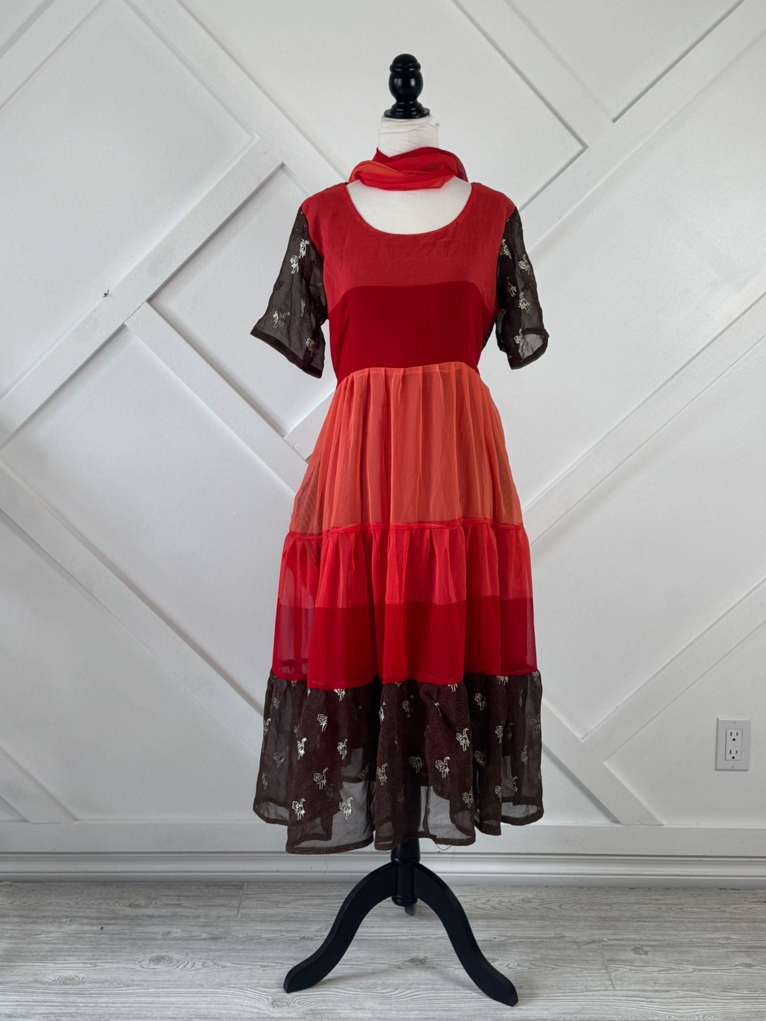 Petite Regular Lined Maya Tiered Dress with scarf-BD004 - Rangeelaa- Fairtrade Sustainable Women's Clothing