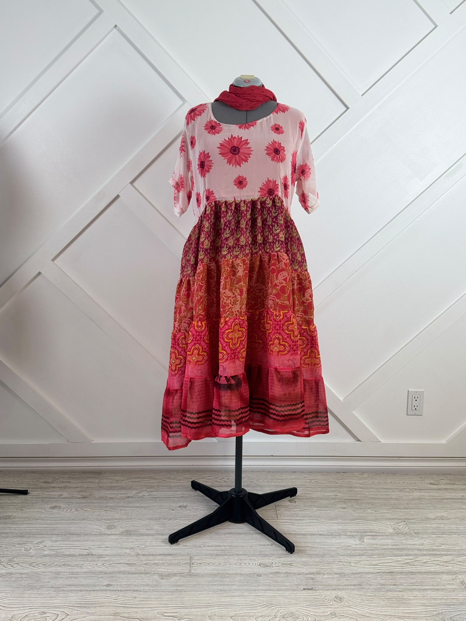 Regular Lined Maya Tiered Dress with scarf-L007 - Rangeelaa- Fairtrade Sustainable Women's Clothing