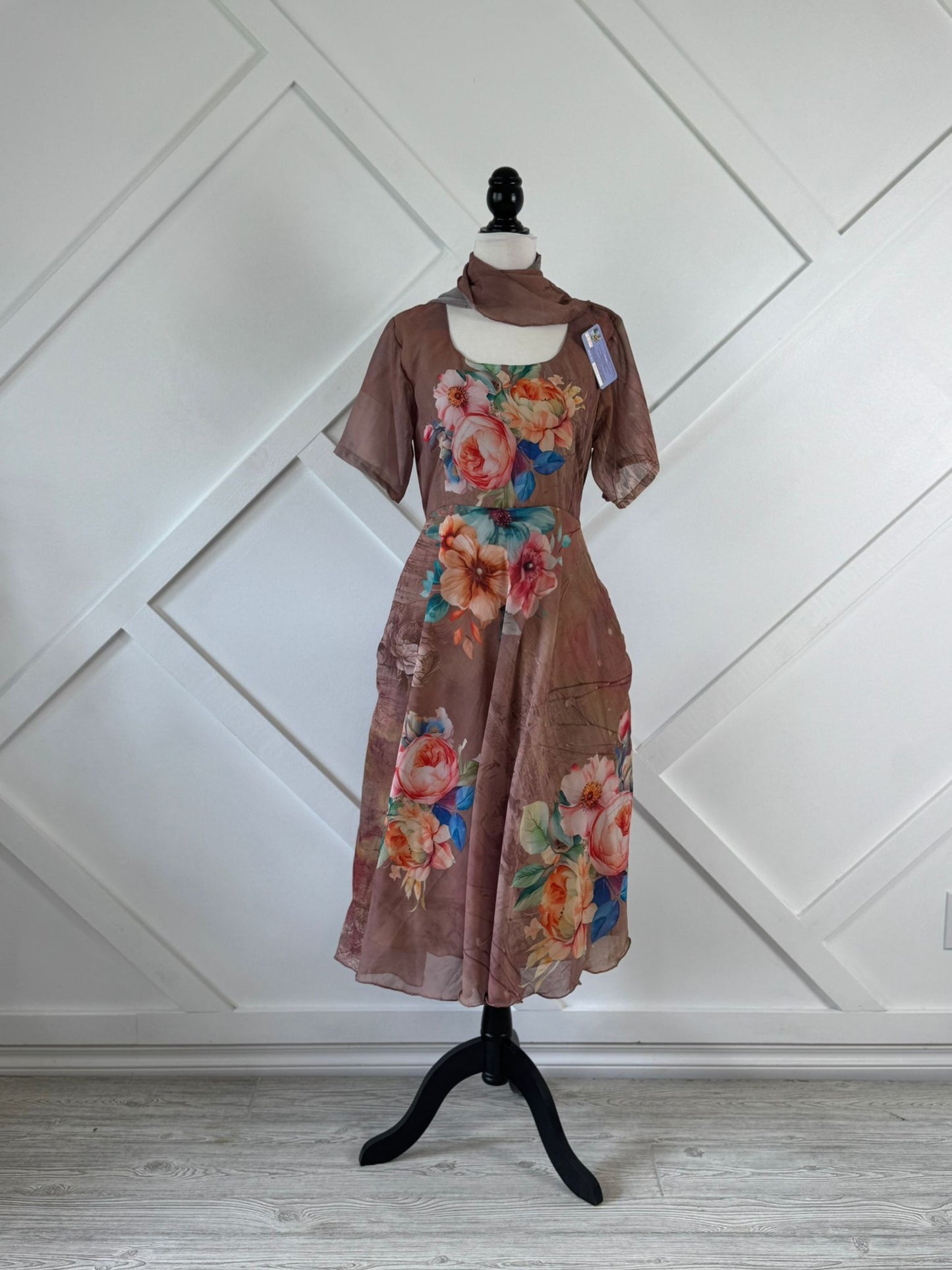 Digital print Slim Petite Lined Viya Dress with Scarf-ED023