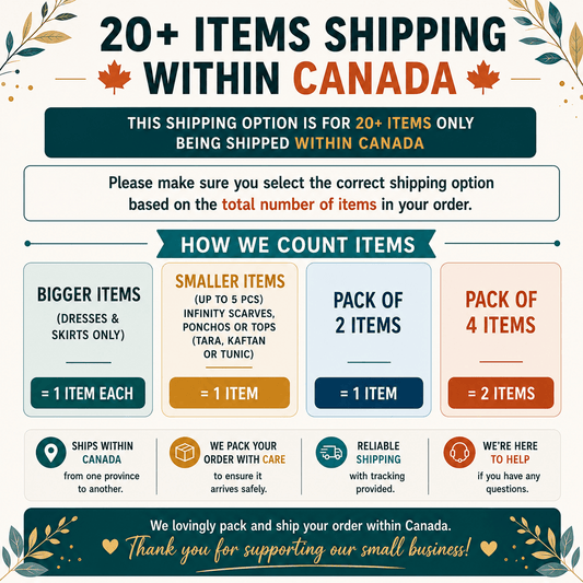 Shipping charges for 20+ Items - Canada - Rangeelaa - Fairtrade Sustainable Women's Clothing