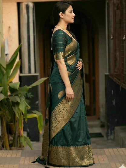 RAJMUDRAFASHION Deep Emerald Green Silk Bold Gold Zari Circular Motifs Sarees