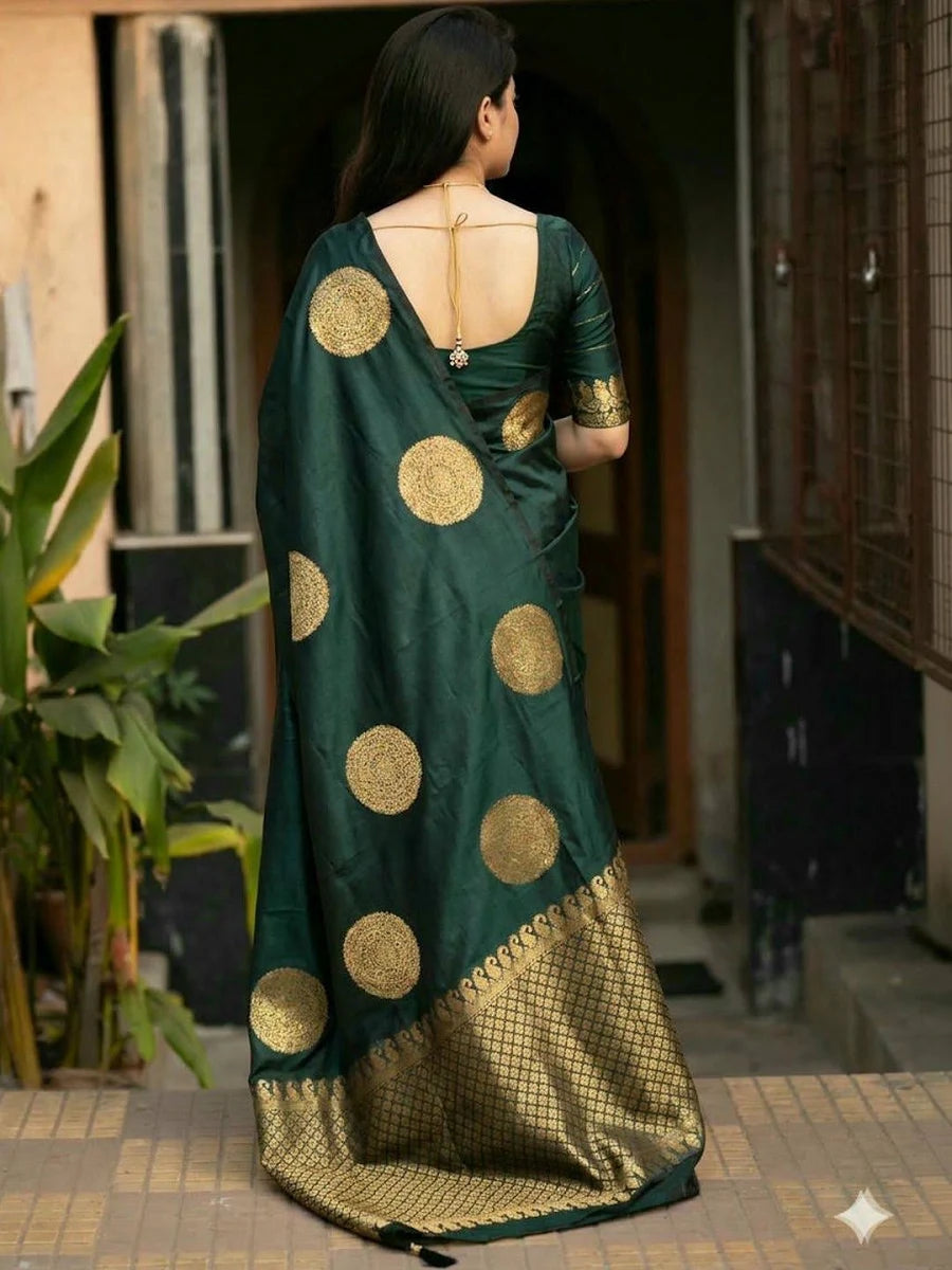 RAJMUDRAFASHION Deep Emerald Green Silk Bold Gold Zari Circular Motifs Sarees