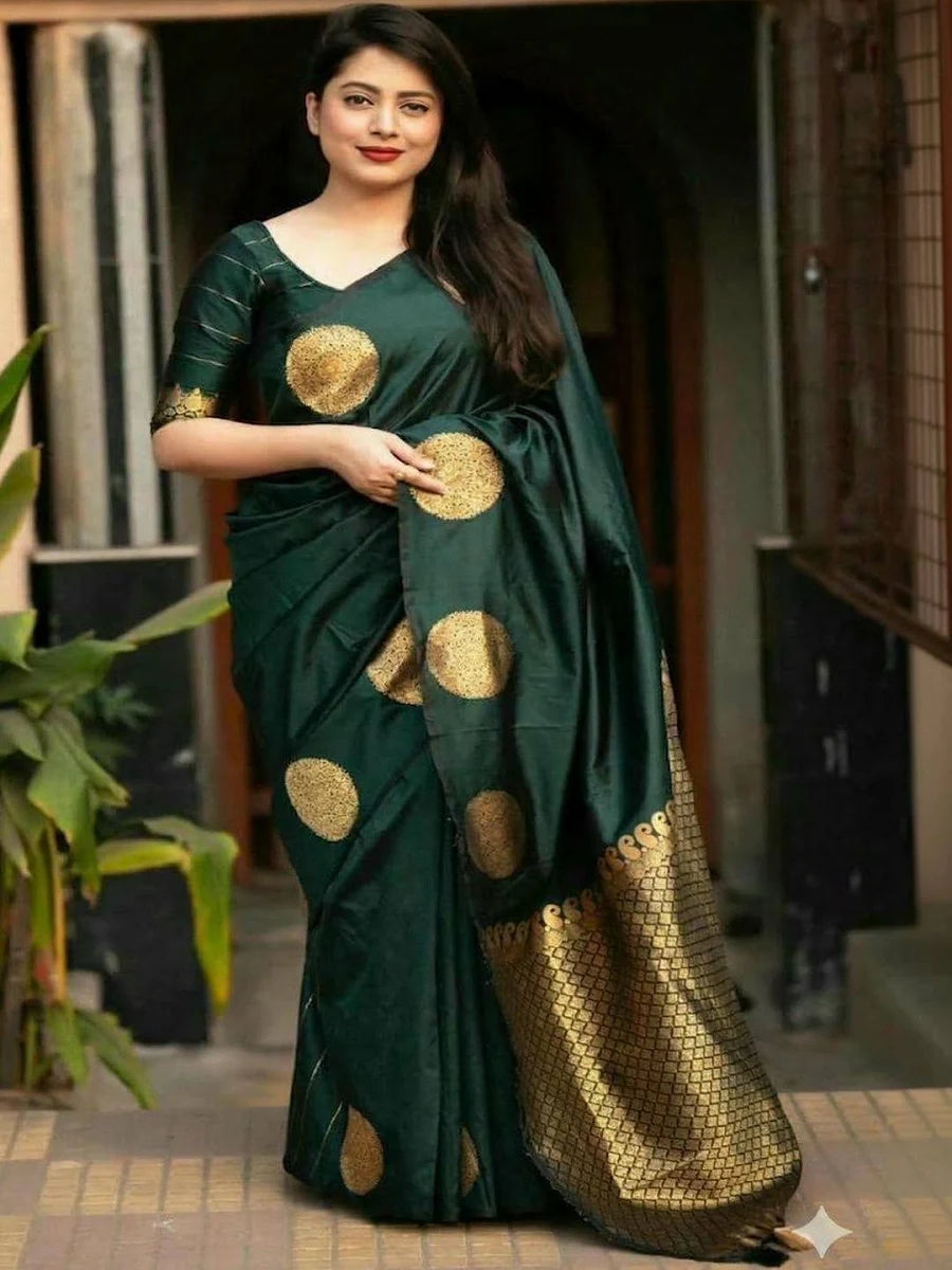 RAJMUDRAFASHION Deep Emerald Green Silk Bold Gold Zari Circular Motifs Sarees