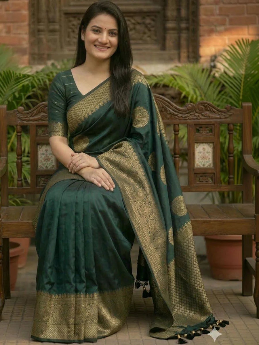 RAJMUDRAFASHION Deep Emerald Green Silk Bold Gold Zari Circular Motifs Sarees