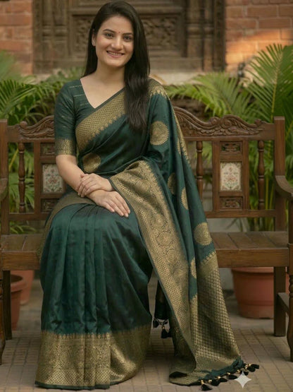 RAJMUDRAFASHION Deep Emerald Green Silk Bold Gold Zari Circular Motifs Sarees