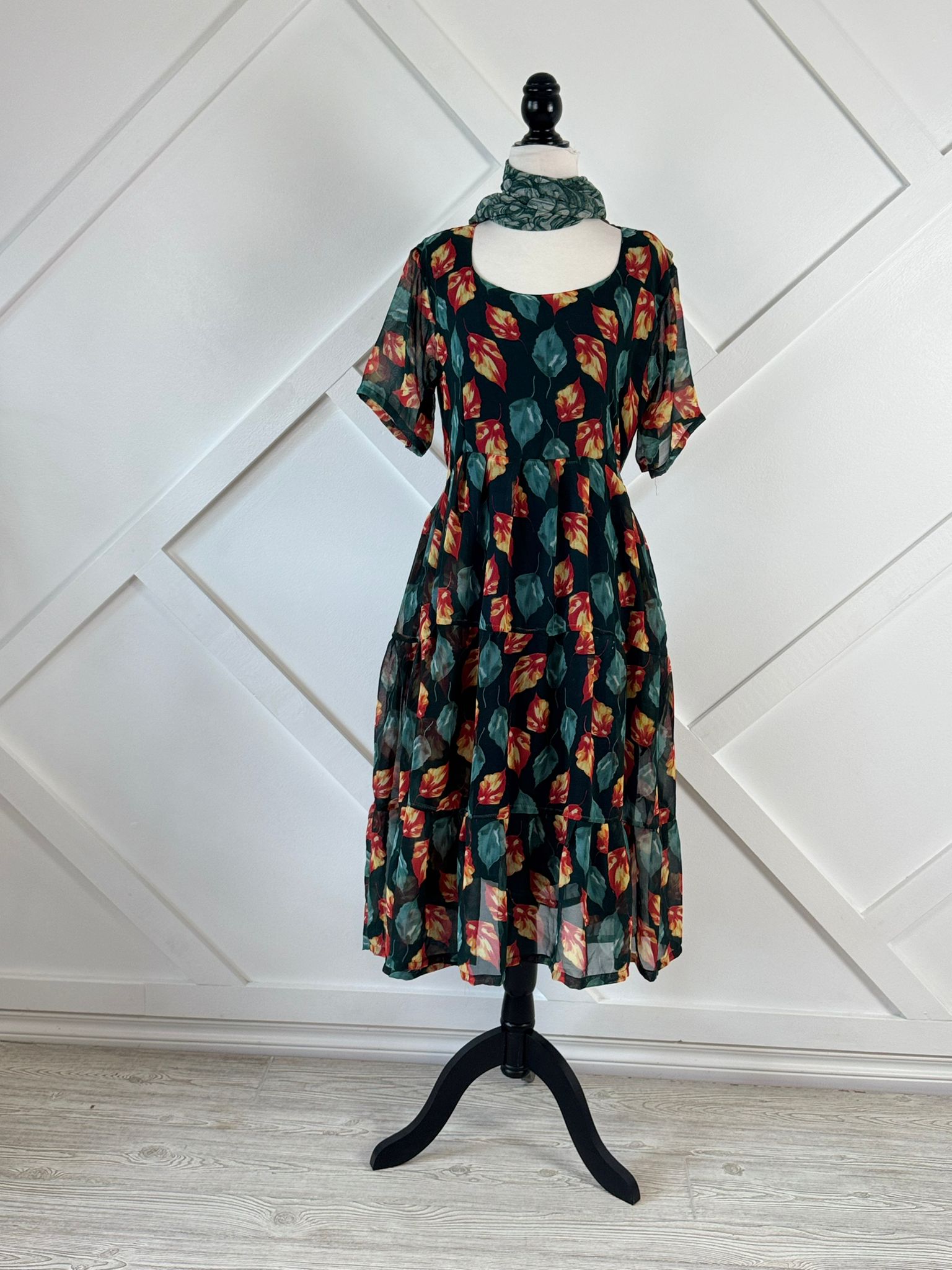Slim Petite Lined Maya Tiered Dress with scarf-ED019 - Rangeelaa- Fairtrade Sustainable Women's Clothing
