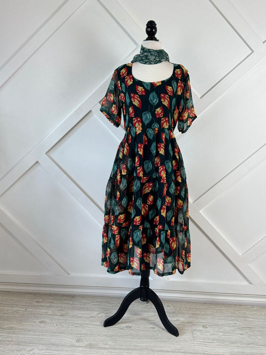 Slim Petite Lined Maya Tiered Dress with scarf-ED019 - Rangeelaa- Fairtrade Sustainable Women's Clothing
