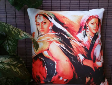 Two Indian Girls-Bohemian Digital Print Cushion Covers - Rangeelaa- Fairtrade Sustainable Women's ClothingEthnic Cushion Covers