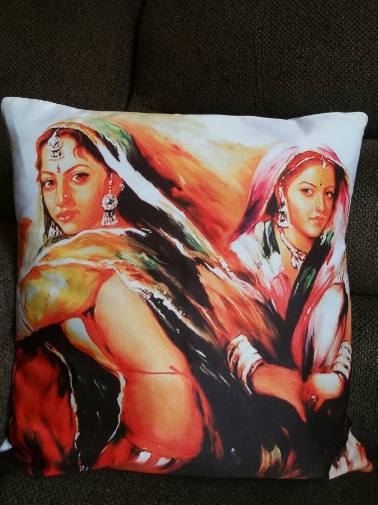 Two Indian Girls-Bohemian Digital Print Cushion Covers - Rangeelaa- Fairtrade Sustainable Women's ClothingEthnic Cushion Covers